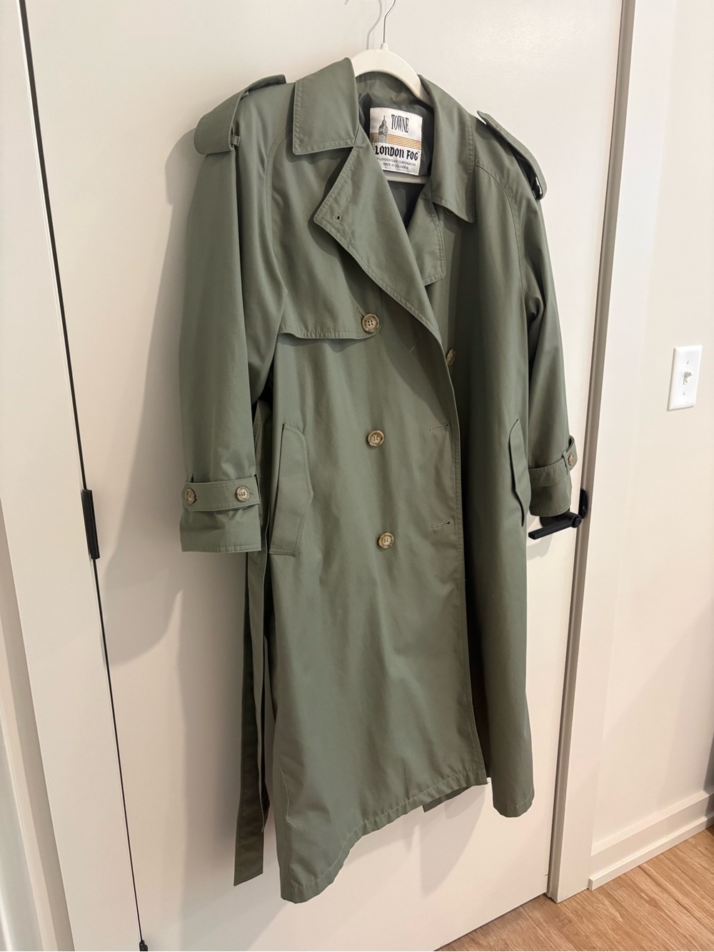 VNTG London Fog Olive Belted Double-Breasted Trench Coat Classic Capsule Minimal